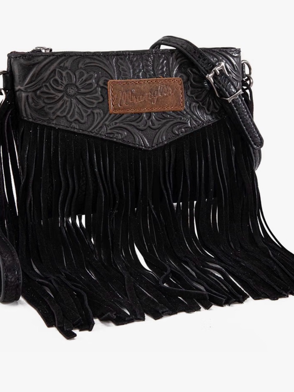 Wrangler Black Fringe Crossbody with Embossed Floral Detail